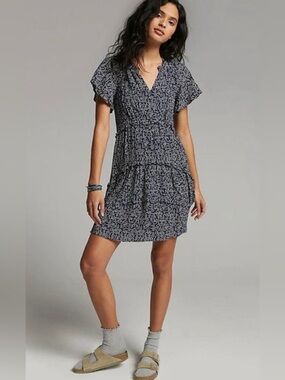 Anthropologie Robin Tiered Ruffle Mini Dress In Navy White Dot Size Medium